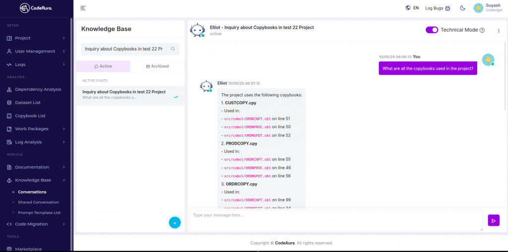 CodeAura shows the copybook usage in its Knowledge Base